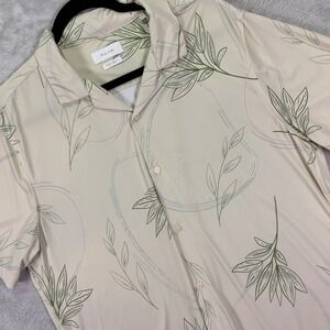 Porter & Ash Men Shirt XL Cream Green Leaf Kinetic Stretch Camp Collar Button Up